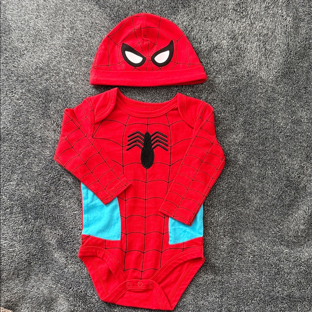 Red Spider-Themed Kids Bodysuit with Hat